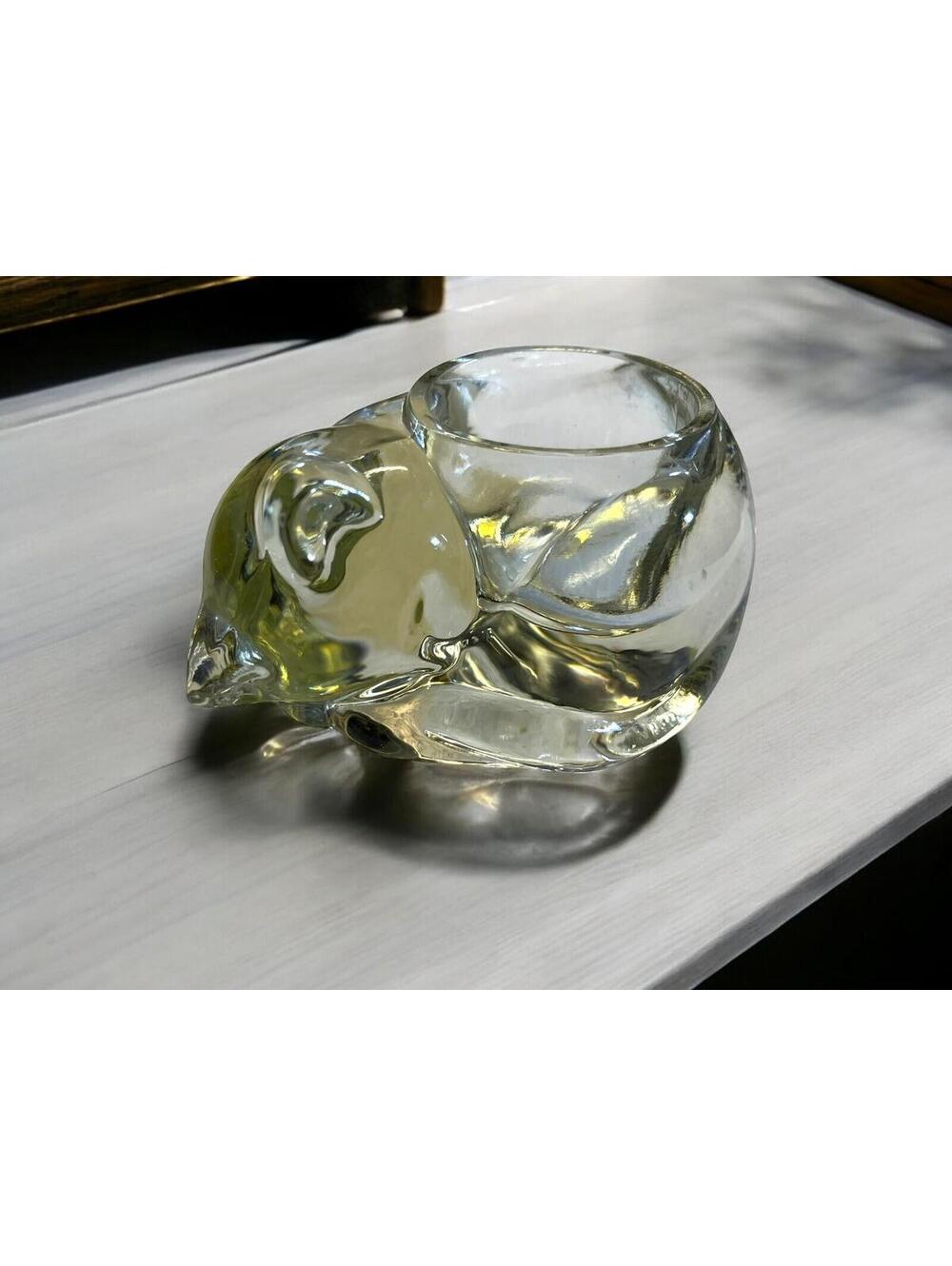 1980 Avon Clear Glass Sleeping Cat Candle Holder Curled Up Kitty Tea Light